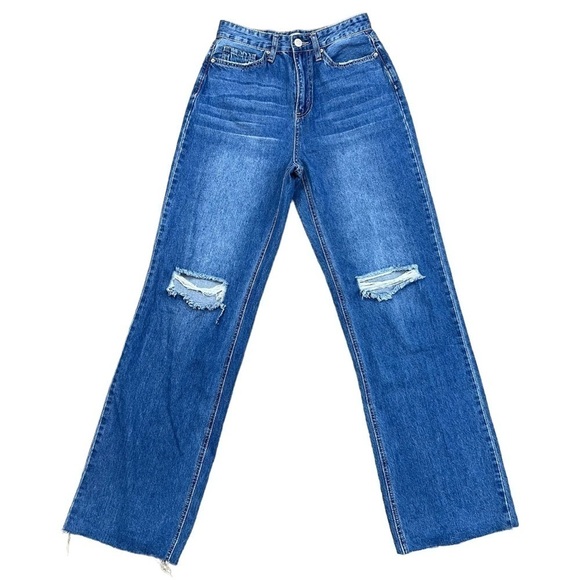 YMI DREAM Woman’s Wide Leg Medium Wash Distressed Denim Jeans w Raw Hem Size 7 - Picture 4 of 16